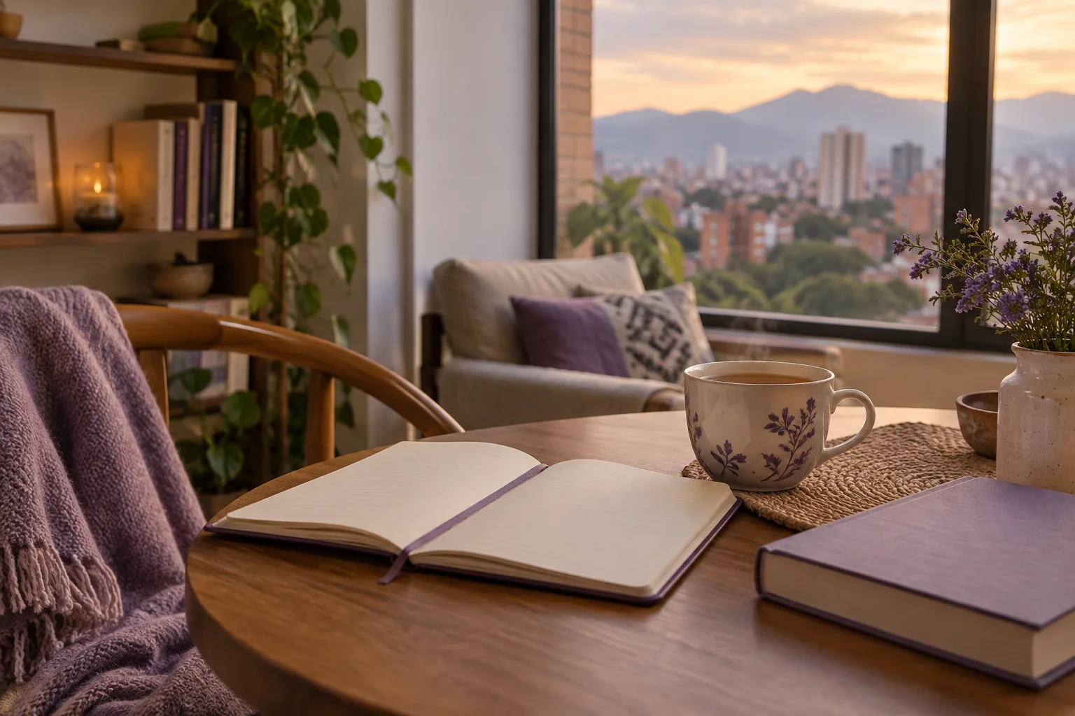 Cuaderno abierto y taza junto a una ventana al atardecer